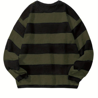 Retro Chic Knitted Sweater for Men - Soft, Warm, Slightly Stretchy Crew Neck Pullover with Preppy Striped Pattern for Fall and Winter - K-Pop Inspired, Casual, Comfortable, and Versatile