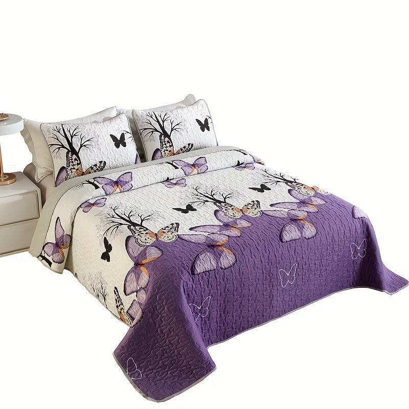 Contemporary 3-Piece Quilted Bedspread Set with Floral Butterfly Pattern, Machine Washable Polyester Coverlet with Embellished Features, All-Season Woven Bedding with Polyester Fill - Queen/King Size