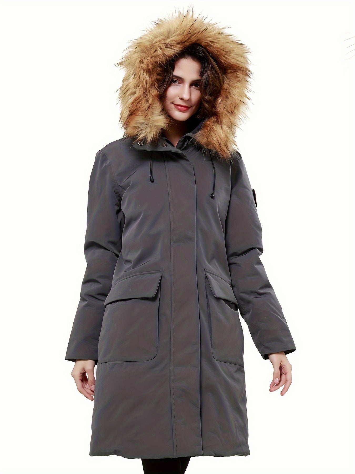 Women's Mid-length Down Parka Jacket, Windproof Insulated Thermal Winter Hooded Coat With Pocket