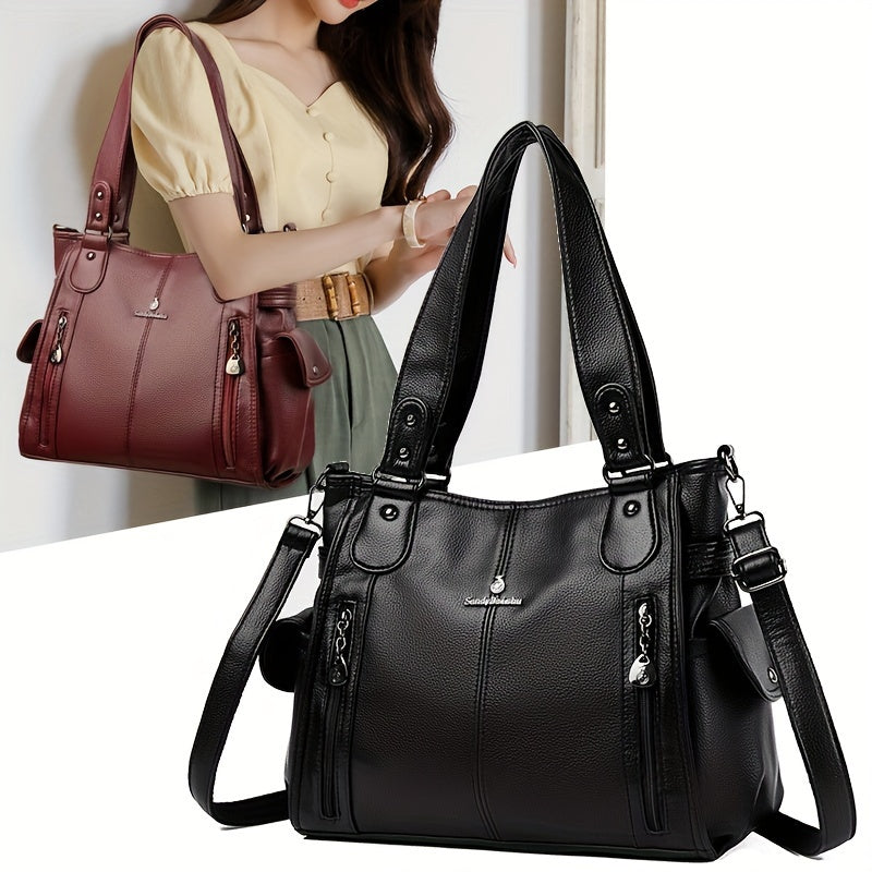 Elegant Black Faux Leather Shoulder Bag for Women - Spacious Crossbody with Detachable Strap, Perfect for Travel, Work, Shopping & Dates