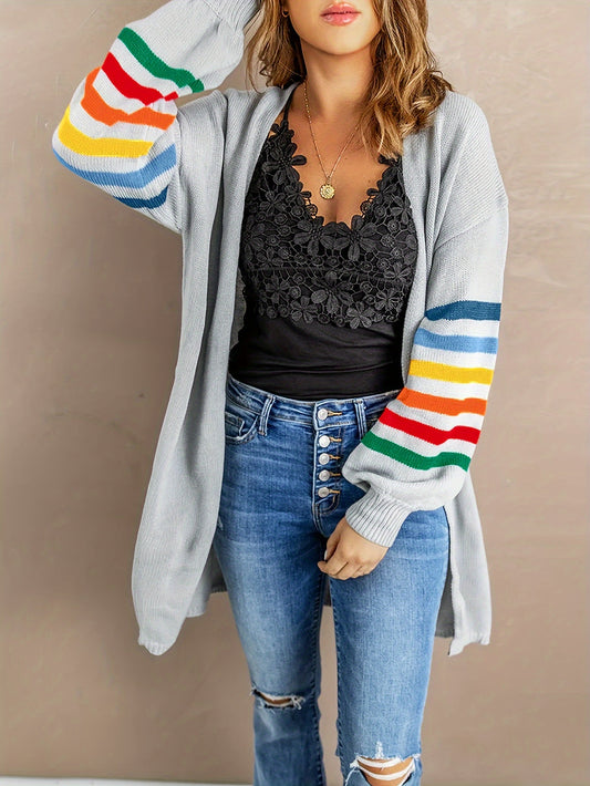 Rainbow Stripe V-Neck Long Sleeve Open Front Cardigan - Soft Mid-Elastic Acrylic Knit Fabric, Hand Washable, Perfect for Fall & Winter - Stylish Middle East Inspired Womens Clothing for Casual Daily Wear