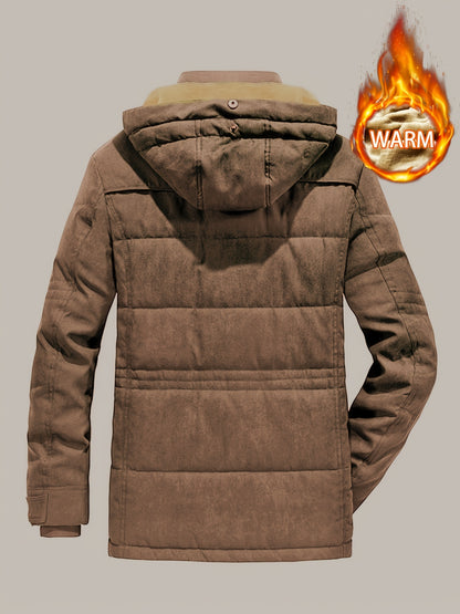 Winter Explorer's Dream - Ultra-Warm, Windproof, and Water-Resistant Hooded Jacket with Plush Retro Design for Men - Perfect for Autumn, Winter, and Snowy Days Outdoors