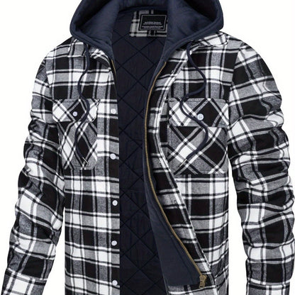 Wohthops Men's Plaid Cotton Hooded Jacket Full Zip Warm Lined Casual Coat with Button Pockets Autumn and Winter Daily Wear Long Sleeve Breathable Windproof Fashionable Jackets for Dating Party Casual Work Camping Fishing Shopping and Other Activities