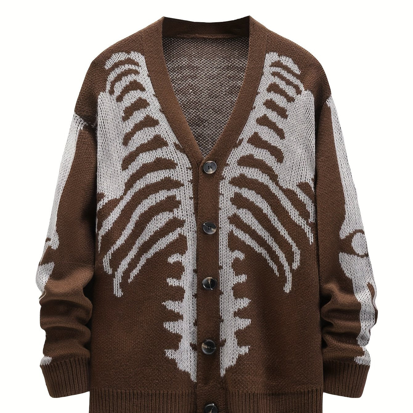 Plus Size Mens Skeleton Print Long Sleeve V Neck Button Down Cardigan Sweater - Soft Medium Stretch Fabric, Regular Fit, Long Length, and Acrylic Lining - Perfect for Fall and Winter Casual Street Wear