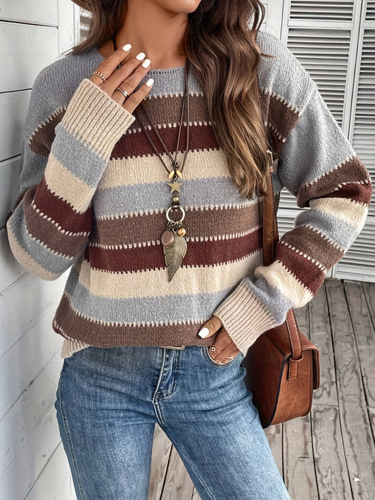 Vintage-Inspired Color Block Crew Neck Sweater - Soft, Cozy, Long Sleeve Design for Fall and Winter - Women's Fashionable Clothing for Everyday Wear