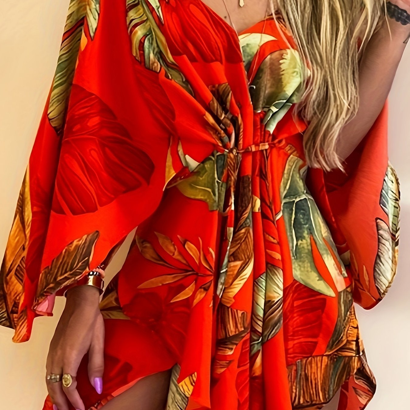 Vibrant Floral Print Fitted V-Neck Dress - Elegant Vacation Style with Tie Waist, Flare Sleeves, Micro Elasticity, and Random Printing - Perfect for Spring, Summer, and Fall Seasons