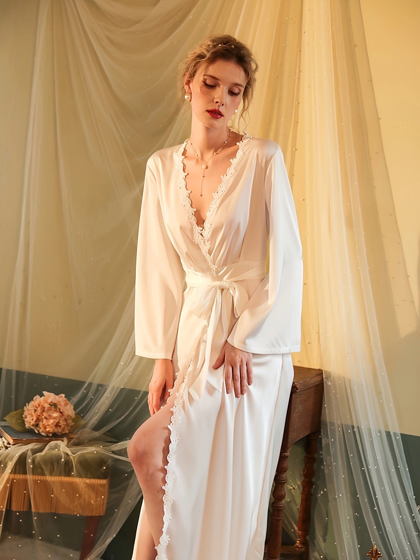 Women's Elegant Solid Satin Lace Trim Night Robe, Long Sleeve V Neck Longline Robe With Belt, Comfortable Nightgown for fall/ winter