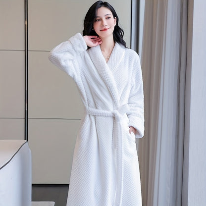 1pc Plush Women's Flannel Bathrobe - Soft, Thick, and Long Sleeve Loungewear for Autumn and Winter - Cozy Bathroom Supplies for Home Relaxation