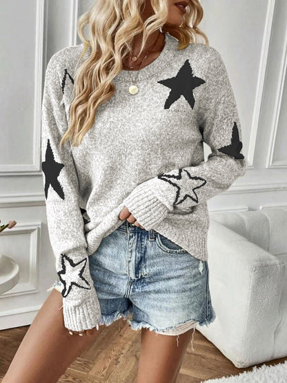 Star Pattern Crew Neck Sweater, Elegant Long Sleeve Sweater For Fall & Winter, Women's Clothing