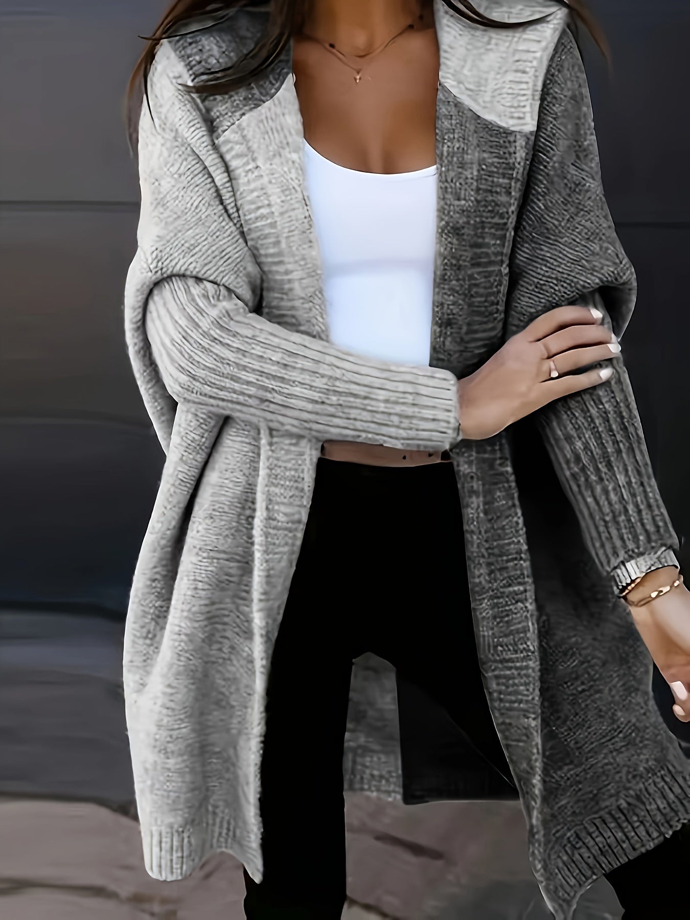 Plus Size Color Block Hooded Knitted Cardigan, Casual Long Sleeve Open Front Cardigan, Women's Plus Size Clothing