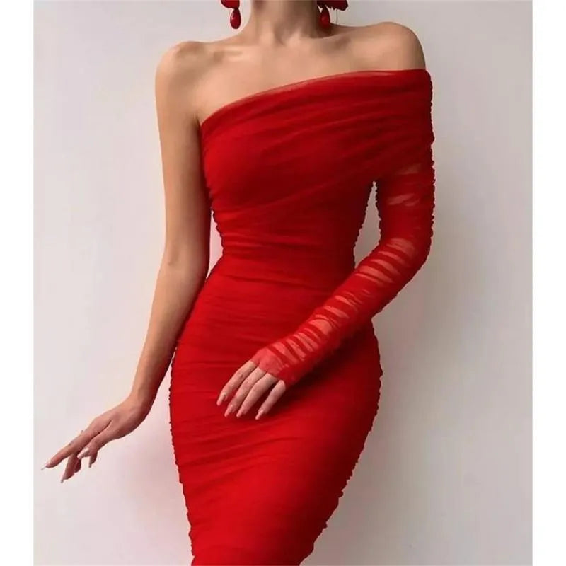 Casual Dresses  Black Women One Shoulder Mesh Long Sexy Diagonal Collar Wrap Slim Bodycon Dress Female Formal Evening Party