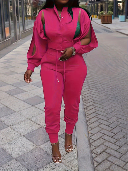 Trendy Two-Piece Pantsuit Set - Stylish Solid Button Front Cut Out Long Sleeve Jacket & Drawstring Pants Outfits for Women, Fashionable Clothing with Chic Design and Comfortable Wear