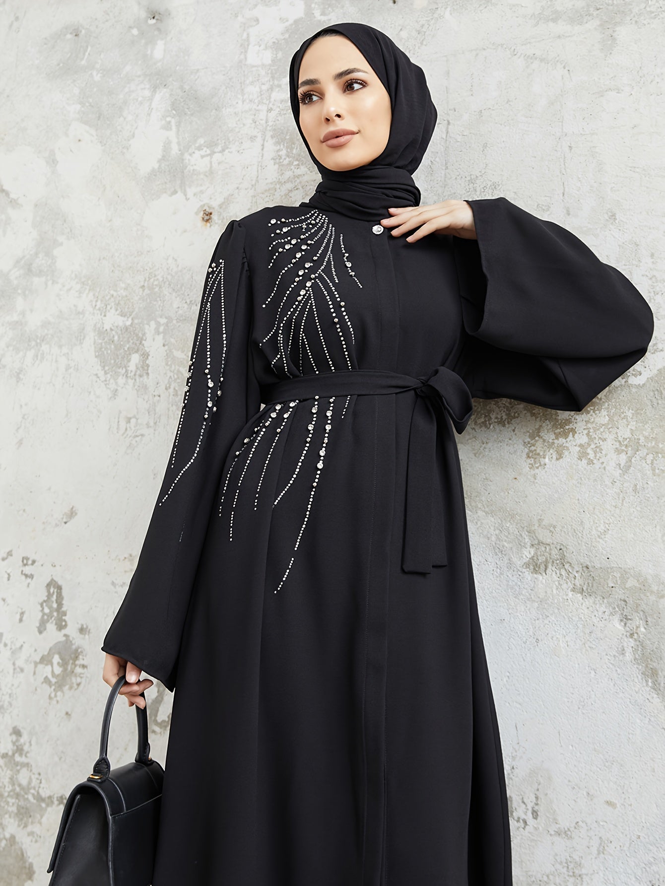 Ramadan Elegant Long Sleeve Geometric Patterned Loose Fit Maxi Dress with Rhinestone Belt - Non-Stretch Polyester Fabric, Flared Sleeves, and Middle East Style - Perfect for Spring, Summer, and Fall Seasons