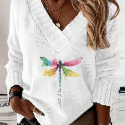 Dragonfly Pattern Sweater - Flattering V-Neckline, Cozy Long Sleeves for Ultimate Comfort, Effortlessly Casual Style, Perfect for Spring and Fall Seasons - Exclusively Designed for Womens Clothing