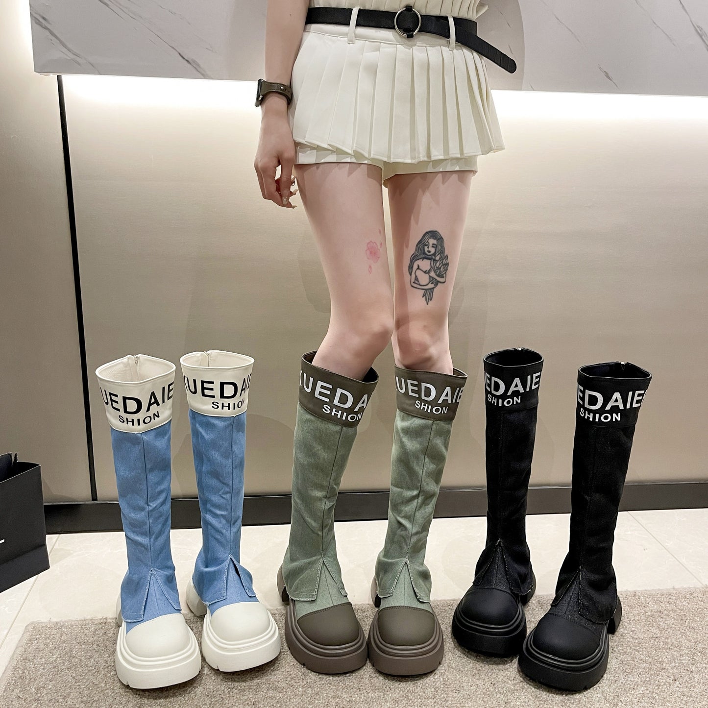 Womens Solid Hue Long High Knee Boots with Letter Print - Rear Zipper, Round Toe, Chunky Sole - Fashionable Outdoor Footwear for Trendsetters