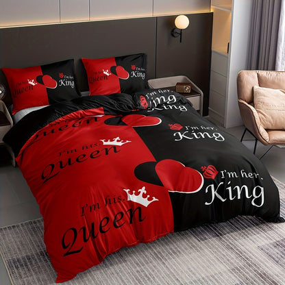 3pcs Duvet Cover Set (1*Duvet Cover + 2*Pillowcase, Without Core), Fashion Queen And King Crown Print Bedding Set, Soft Comfortable And Breathable Duvet Cover, For Bedroom, Guest Room