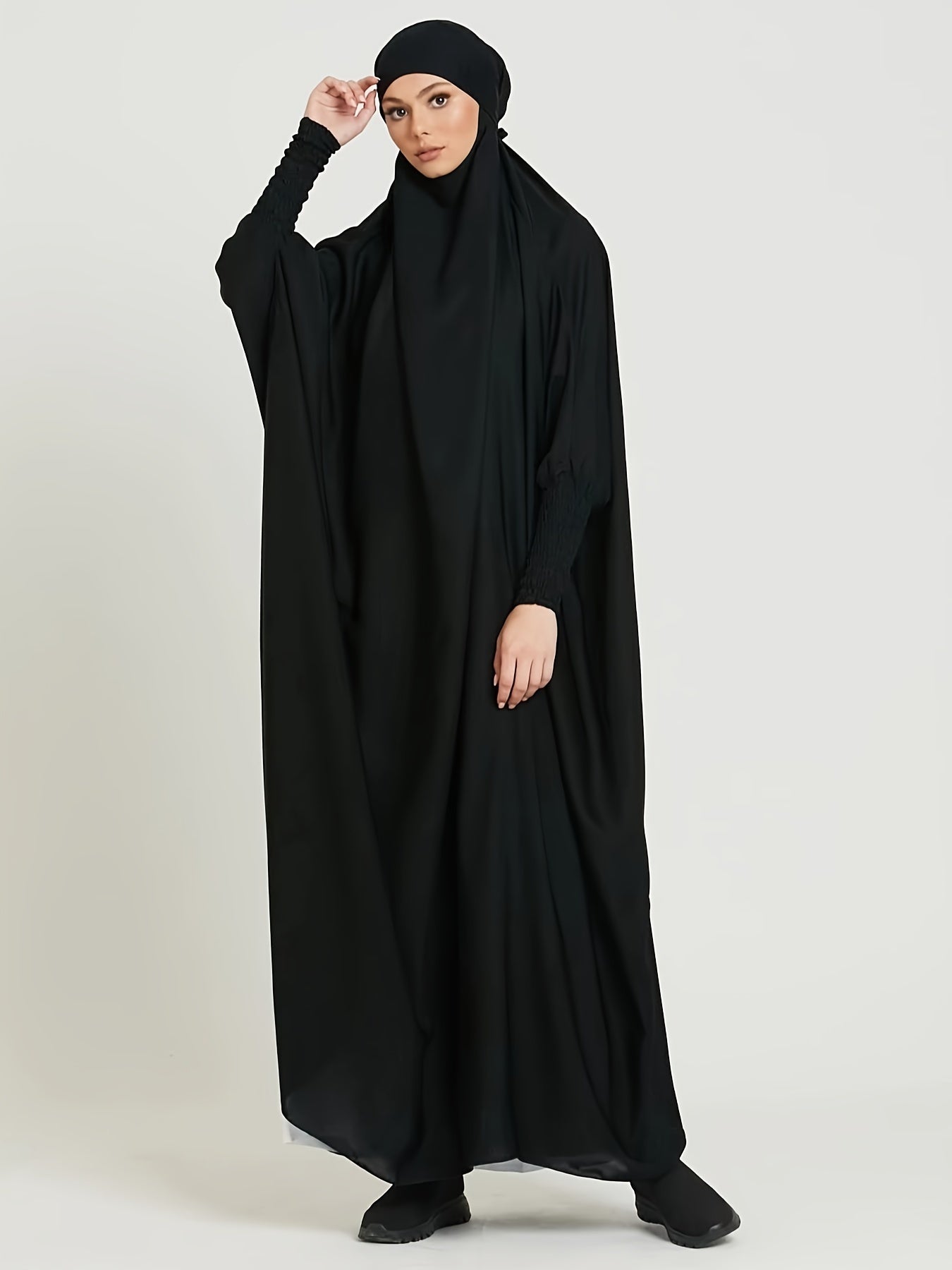 Muslim Long Batwing Sleeve Dress, Modest Solid Color Maxi Length Loose Hijab Kaftan Dress, Women's Clothing