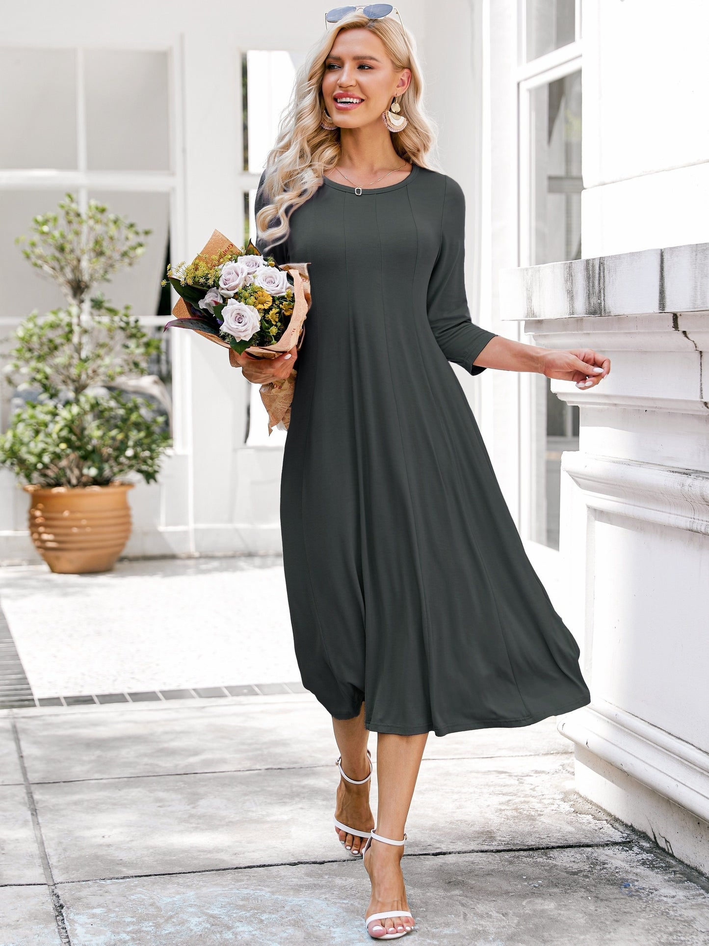 Vibrant Solid Color Crew Neck Midi Dress - Comfortable 3/4 Sleeve Loose Fit, Flattering A-Line Silhouette, Perfect for Spring & Summer, Women's Casual Clothing, Easy to Wear and Move Around