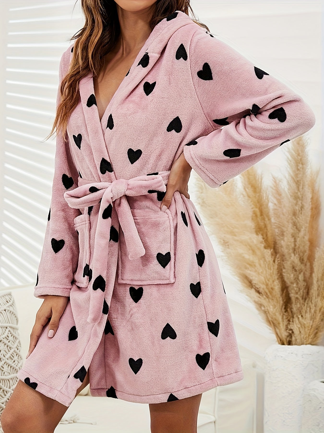 Cozy Heart Pattern Fleece Night Robe - Thickened, Long Sleeve, Hooded, Pockets, Women's Sleepwear & Dresses for Fall and Winter