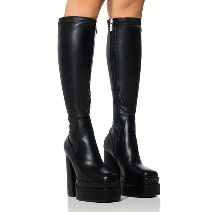 Women's Platform Knee High Boots, Solid Color Block Heel Square Toe Side Zipper Boots, Fashion Black Faux   Stylish Boots