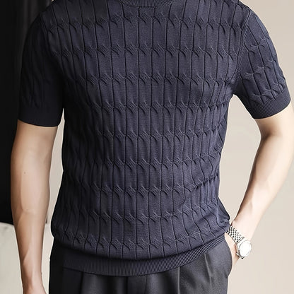 Men's Striped Knitted Pullover, Casual Short Sleeve Slim-fit Crew Neck Sweater For Outdoor