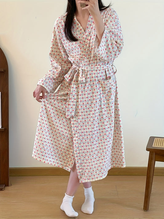 Elegant Heart Plaid Pattern Lounge Robe For Fall & Winter, Long Sleeve V Neck Robe With Belt, Women's Loungewear & Dresses