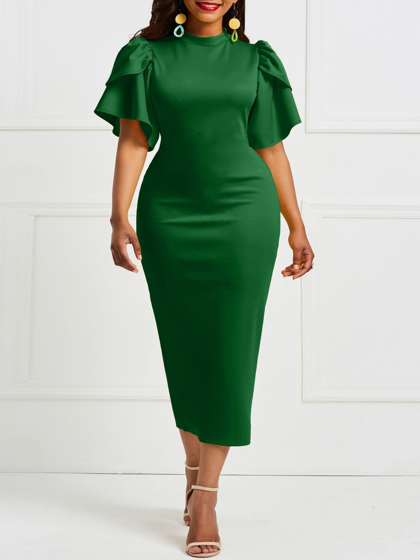 Long Sleeve Ruffle Midi Dress - Elegant Fitted Bodycon Dress for Women, Polyester Knit Fabric, Solid Color, Crew Neck, Short Ruffle Sleeve, No Belt, Perfect for Spring and Summer Elegant Dressing