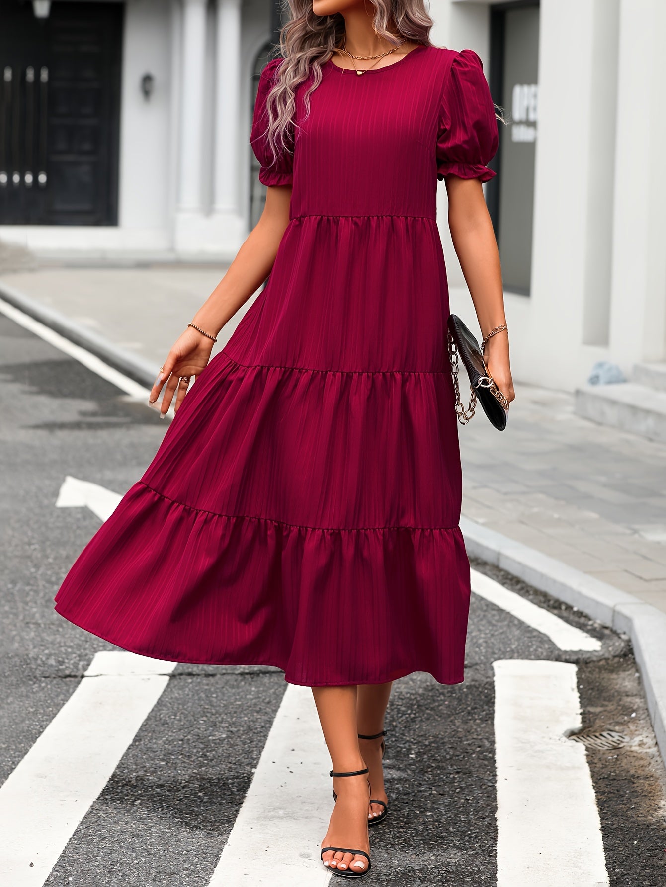 Summer Chic Boho Midi Dress in Leopard & Polka Dots | Puff Sleeves, Crew Neck, Tiered - Easy-Care & Durable for Women