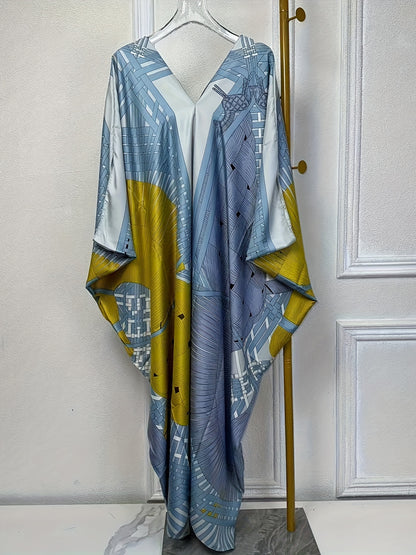 Chic Abstract Print V-neck Kaftan Dress - Flattering Batwing Sleeves, Loose Maxi Length, Versatile Cover Up for Women - A Fashionable Wardrobe Essential