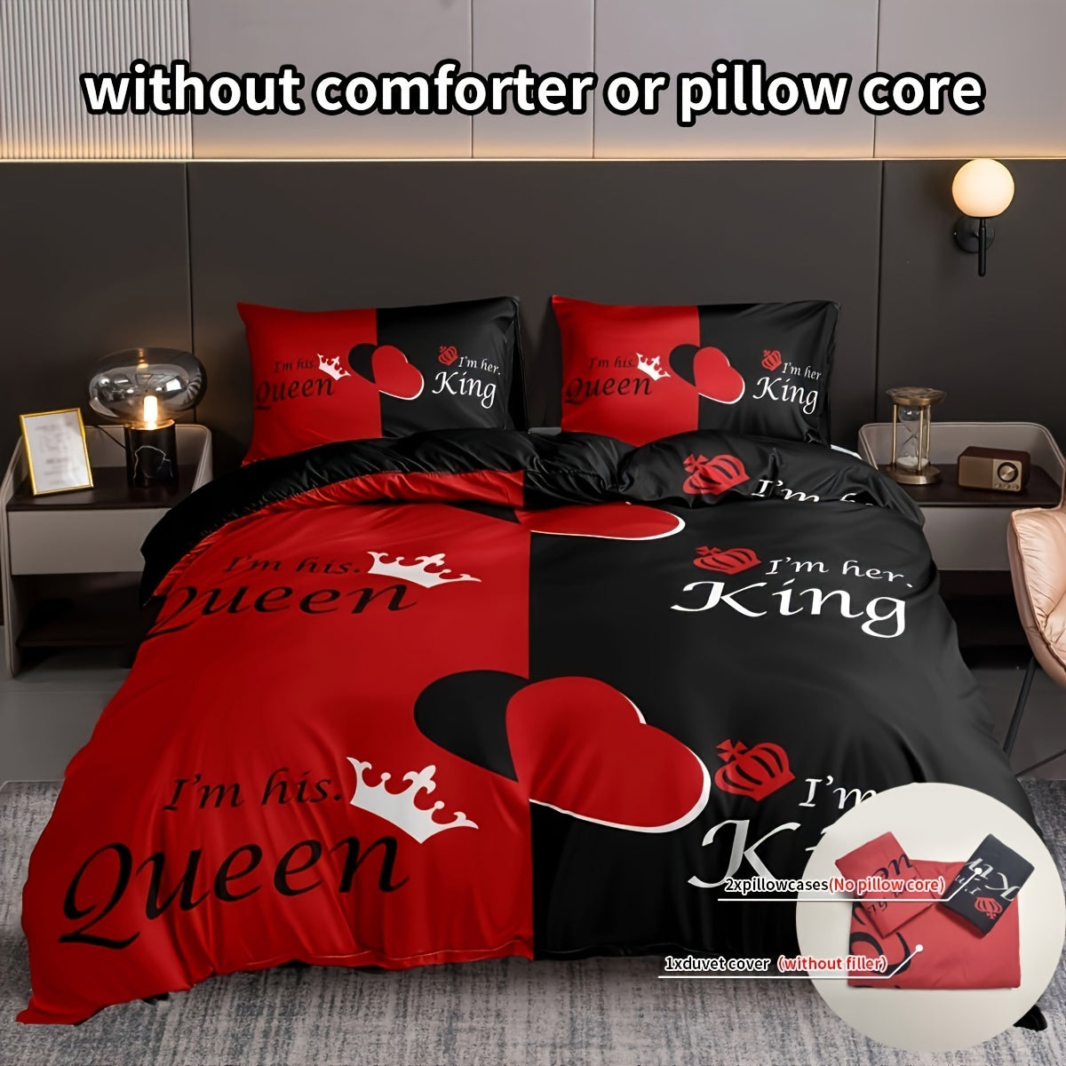 3pcs Duvet Cover Set (1*Duvet Cover + 2*Pillowcase, Without Core), Fashion Queen And King Crown Print Bedding Set, Soft Comfortable And Breathable Duvet Cover, For Bedroom, Guest Room