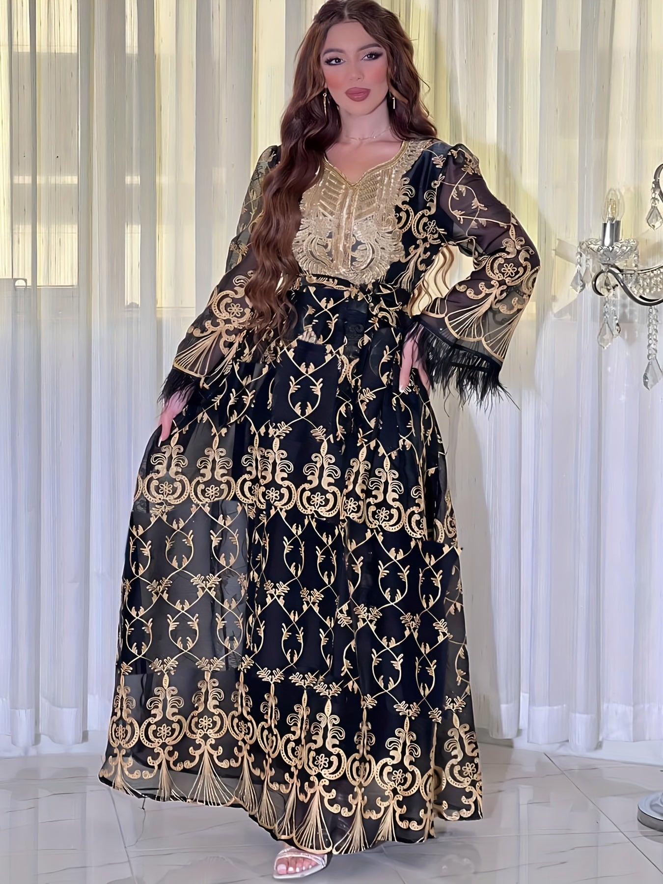 Floral Embroidered V-neck Long Sleeve Abayas Dress, Elegant Maxi Length Dress, Women's Clothing