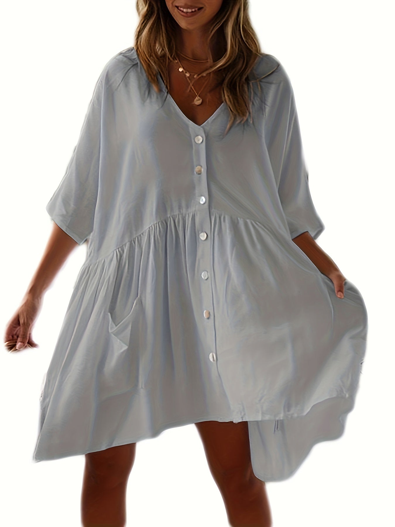 Chic Solid Color Loose-Fitting Dress - Versatile Button Front & Pockets - Perfect Half Sleeve Vacation Wear Coverup for Beach Days