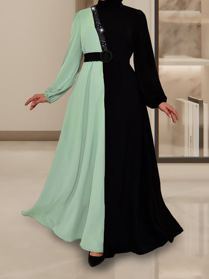 Vibrant Color Block Ramadan Kaftan Dress - Flowy Long Sleeves & Mock Neck Maxi Style - Luxurious Elegant Womens Clothing for Ramadan Collection