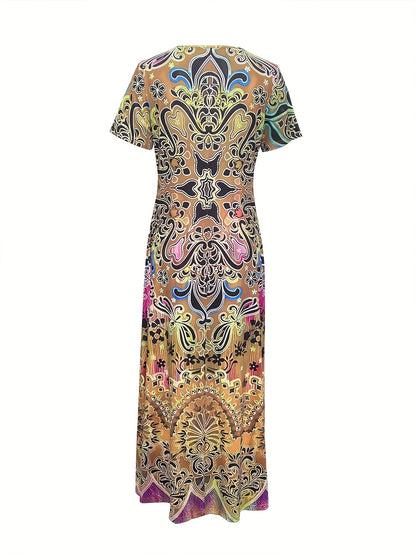 Bohemian V-Neck Maxi Dress - Floral Design - Soft Fabric - Casual & Festive Wear