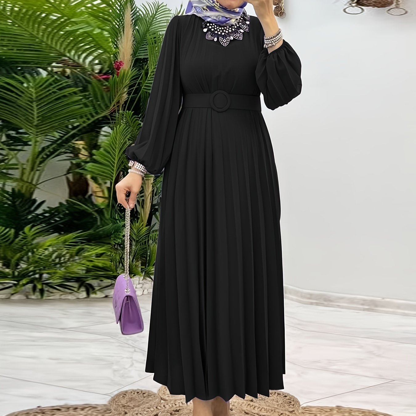 Luxurious Ruffle Hem Crew Neck Long Sleeve Maxi Abaya Dress - Elegant, Modest, and Comfortable Women's Clothing for Everyday Wear - Perfect for Formal and Casual Occasions