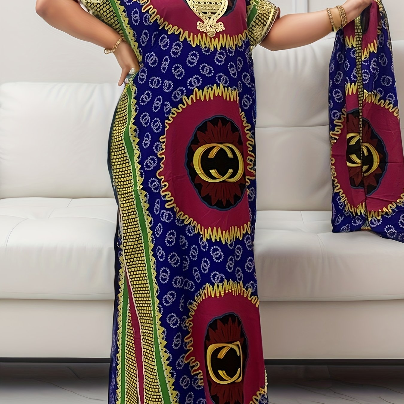 Vibrant Floral Print Maxi Kaftan Dress - Elegant Crew Neck, Embroidered, Long Length, Acetate Fabric, Middle East Style, All-Season Wear - Womens Vintage Graphic Print Tunic