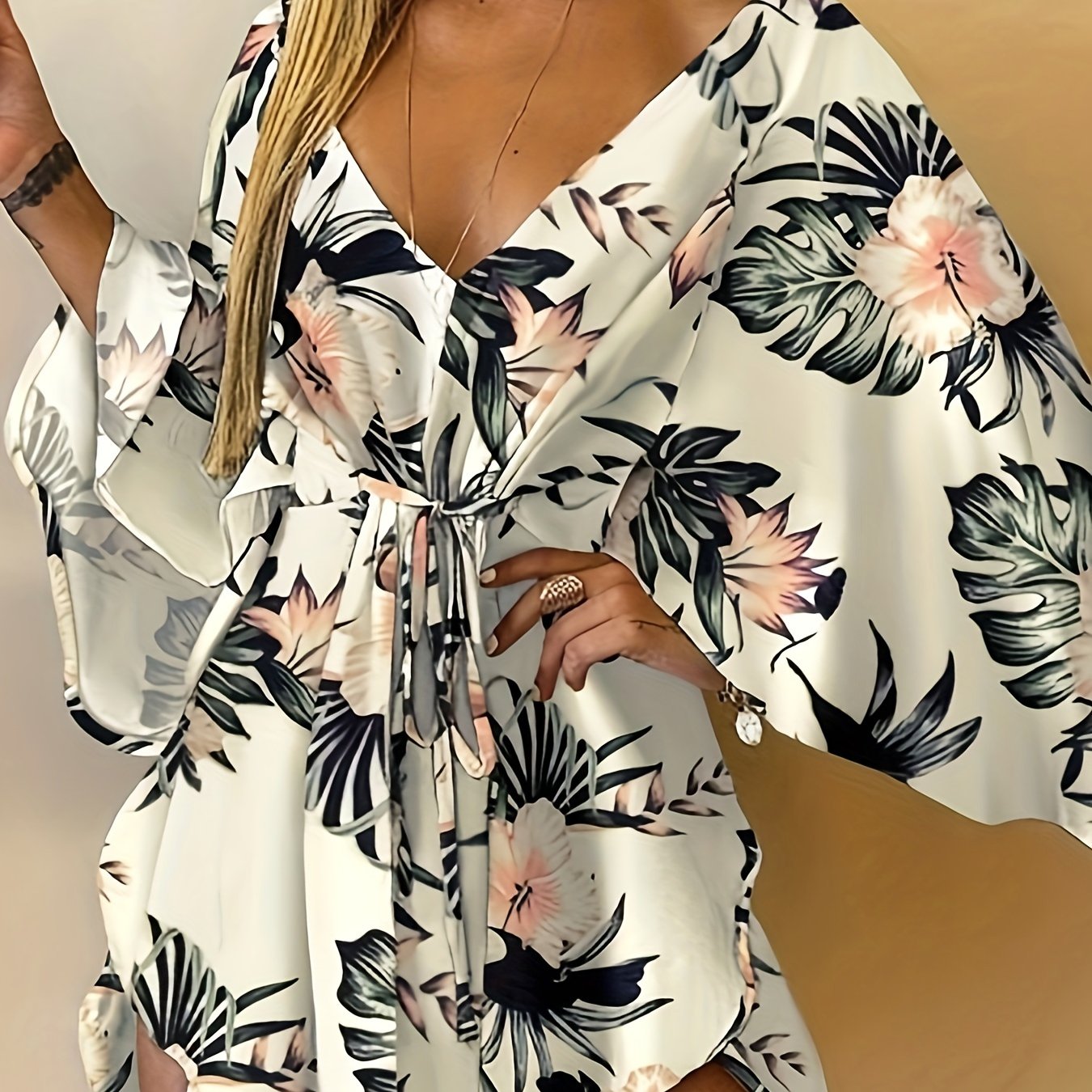 Vibrant Floral Print Fitted V-Neck Dress - Elegant Vacation Style with Tie Waist, Flare Sleeves, Micro Elasticity, and Random Printing - Perfect for Spring, Summer, and Fall Seasons