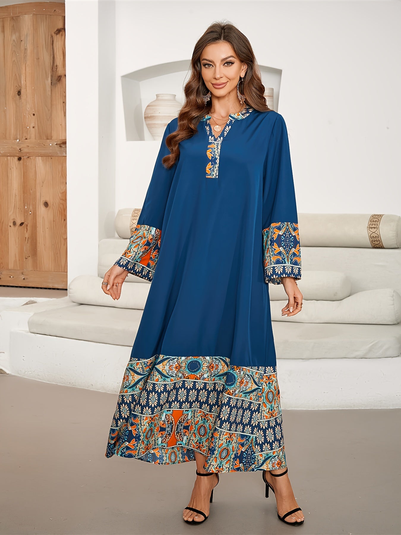 Vibrant Ramadan Kaftan Dress - Elegant Long Sleeve Notched Neck Maxi Length Loose Fit Color Block Print Ethnic Clothing for Women - Perfect for Modest Fashion and Special Occasions