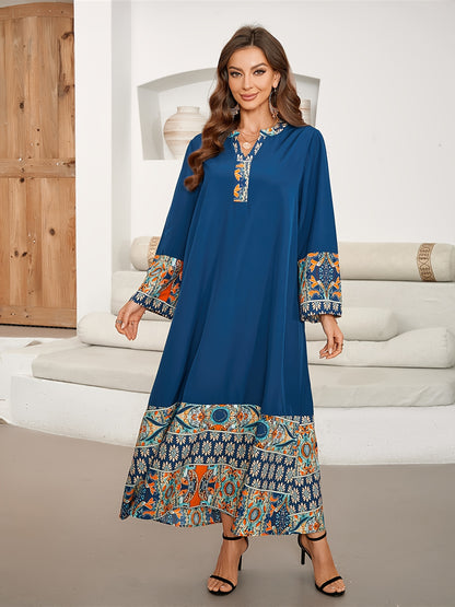 Vibrant Ramadan Kaftan Dress - Elegant Long Sleeve Notched Neck Maxi Length Loose Fit Color Block Print Ethnic Clothing for Women - Perfect for Modest Fashion and Special Occasions