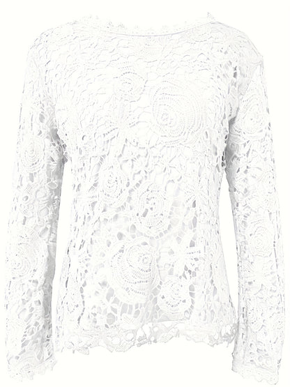 Elegant Floral Lace Crew Neck Blouse - Semi-Sheer Stretch Top for Spring/Fall, Women's Long Sleeve Feminine Top with Contrast Collar