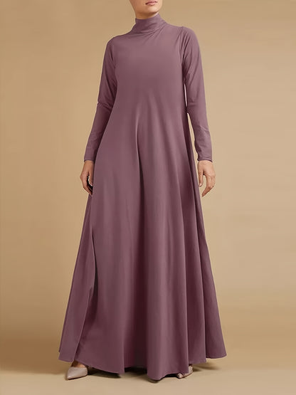 Ramadan Elegant Long Sleeve Solid Color Maxi Kaftan Dress - Comfortable Micro Elastic Polyester Fabric, Casual Turtle Neck Design, Two Pockets, Regular Fit, Middle East Style - Perfect for All Seasons, Womens Clothing