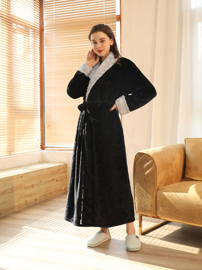 Casual Solid Fleece Lounge Robe, Thickened Long Sleeve Lapel Collar Robe With Belt, Women's Loungewear