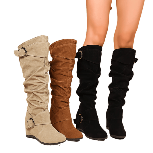 Women's Wedge Knee High Boots, Buckle Strap Height Increasing Slouch Long Boots, Comfort Warm Suedette Boots