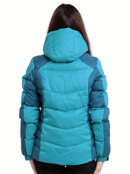 Women's Color Block Winter Thermal Down Jacket, Windproof & Waterproof Liner Comfortable Hooded Jacket