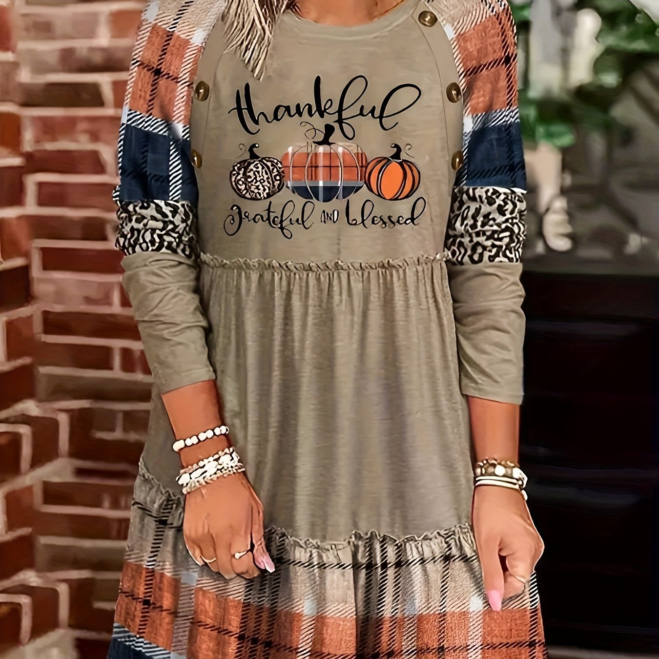 Knee-High Fit and Flare Plaid & Letter Print Dress - Crew Neck, Long Sleeve, Ruffle Hem, Micro Elasticity, Machine Washable - Casual Polyester Dress for Adult Women