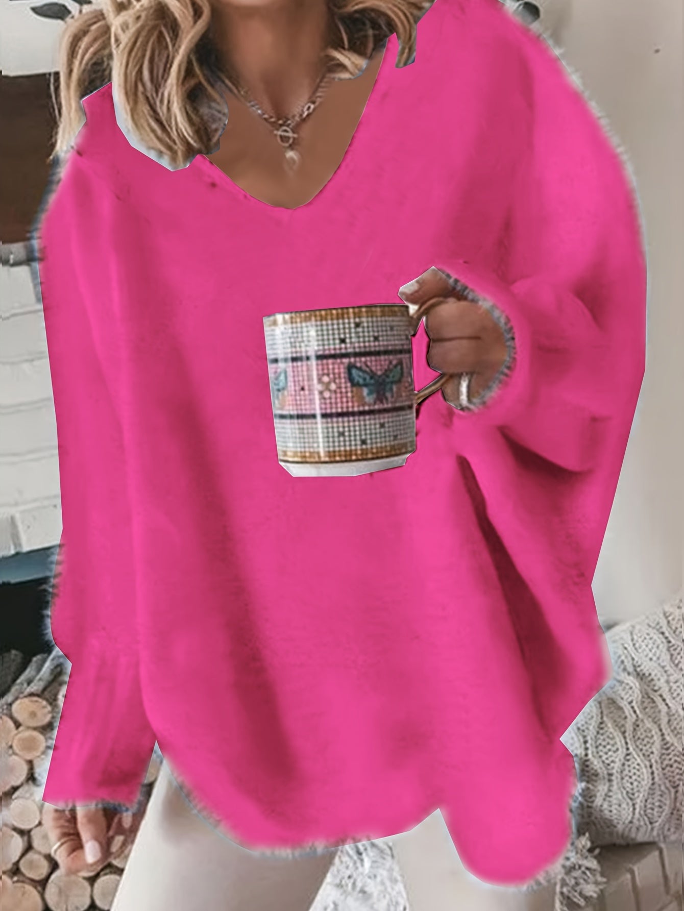 Cozy Plus Size Womens Sweater with Fashionable Eyelash Trim - Long Sleeve V Neck Jumper for a Flattering Fit and Medium Stretch Comfort