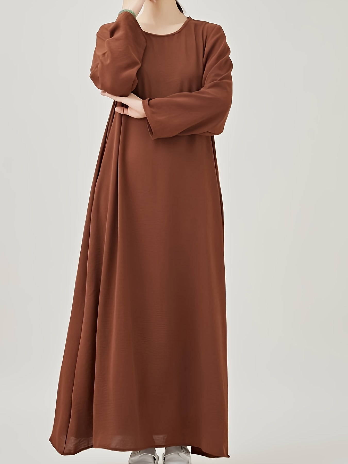 Stylish Crew Neck Long Sleeve Kaftan Maxi Dress - Elegant Solid Color, Flowy Design, Comfortable Wear, Women's Fashion Clothing for Everyday Occasions