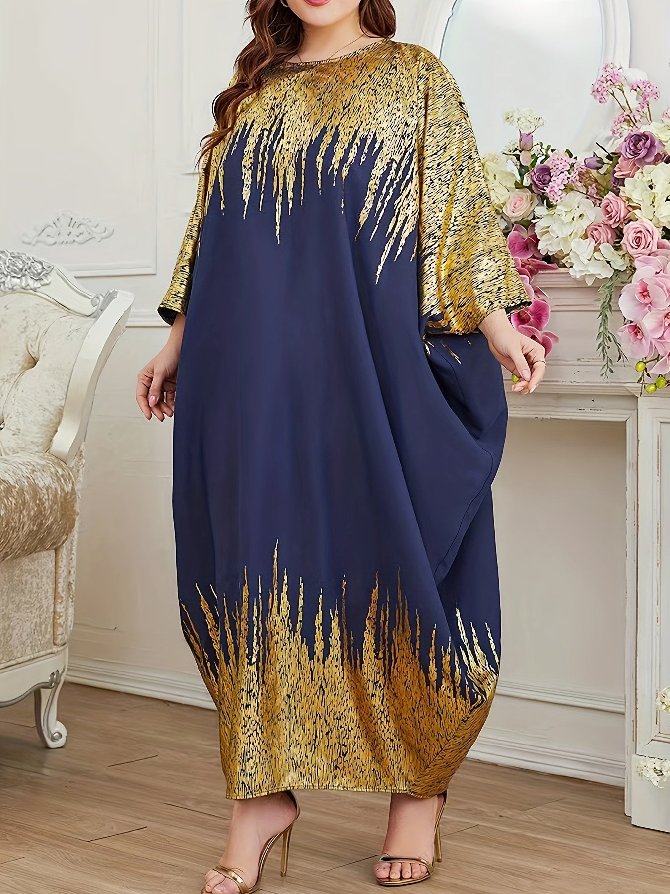 Elegant Batwing Sleeve Kaftan - Color Block Design, Flowy Maxi Dress for Women, Perfect for Ramadan