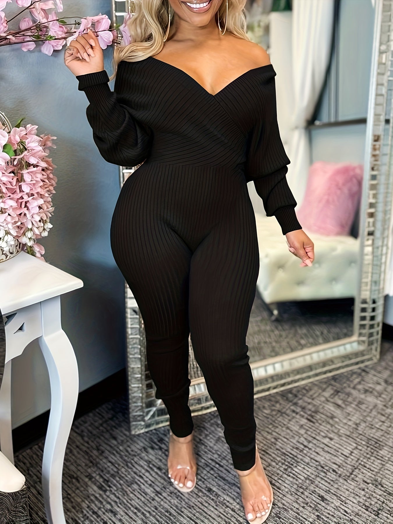 Women's Ribbed Knit Jumpsuit - Sexy Surplice Neck, Long Sleeves, Comfort Fit for Spring/Fall Elegance