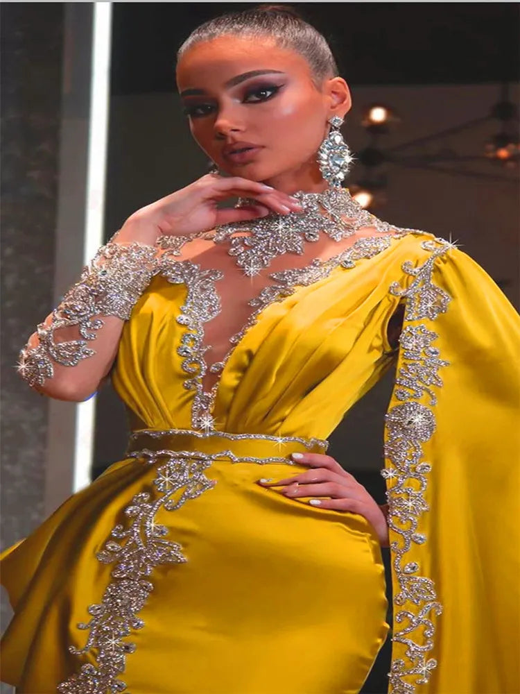 Casual Dresses Gold Party High Neck Beaded Rhinestones Mermaid Prom Gown Cape Long Sleeves Satin Arabic Dubai Yellow size s m l xl 2xl